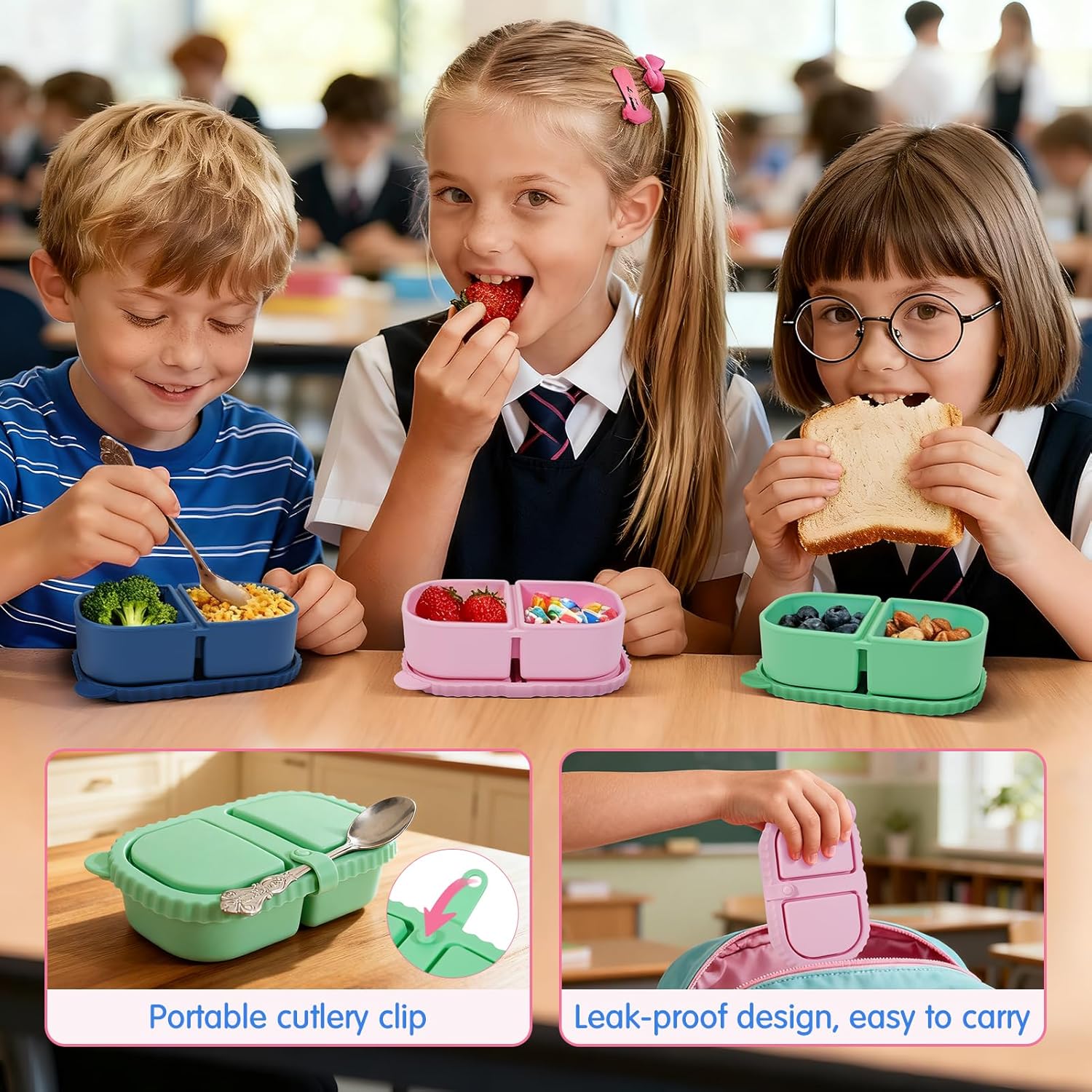 3 Pack Silicone Snack Containers - 9OZ Reusable Snack Containers with Lids and Stainless Steel Spoon, Ideal Snack Pack Containers for School, Office and Picnic (Green+Blue+Pink) - Image 4