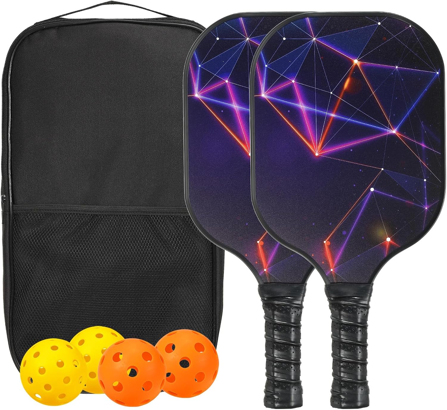 PATIKIL Pickleball Paddles Set, USAPA Approved Fiberglass Surface Pickleball Rackets with Overgrip, 2 Paddles, 4 Pickleballs,1 Carry Bag for Men Women, Geometric Purple