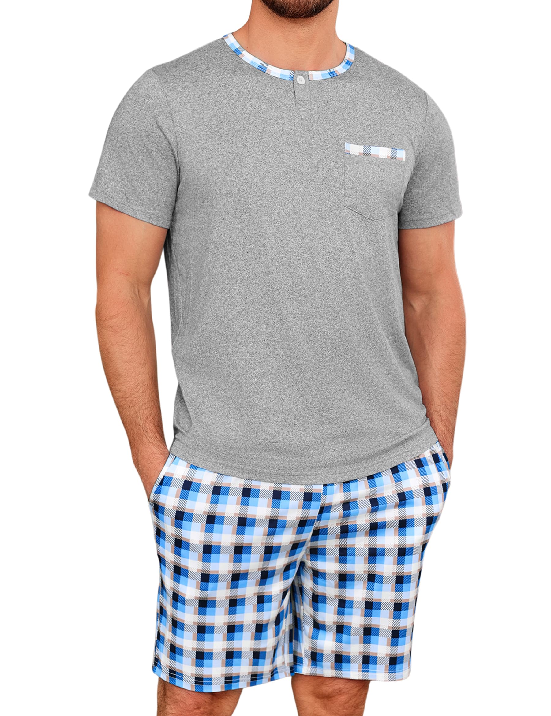 Pijama Hombre Algodon Conjunto de Pijama Corto con Pantalón Corto a Cuadros Pijamas Verano con Bolsillos Ligero Suave y Cómodo para Casa