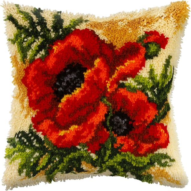 Orchidea - Latch Hook Cushion Kit - Poppy - Printed Canvas - 4,5 Count - for Adults - 4087