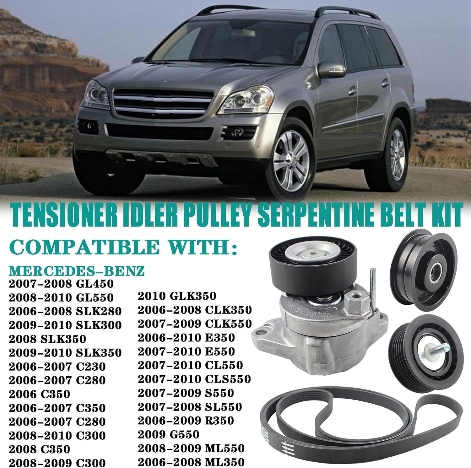 Serpentine Drive Belt Tensioner Idler Pulley Serpentine Belt Kit Compatible with 2006-2011 Mercedes-Benz ML350 GL450 G550 SLK300 C280 GLK350 E350 CL550 S550 Replaces 2722021419 2722000270