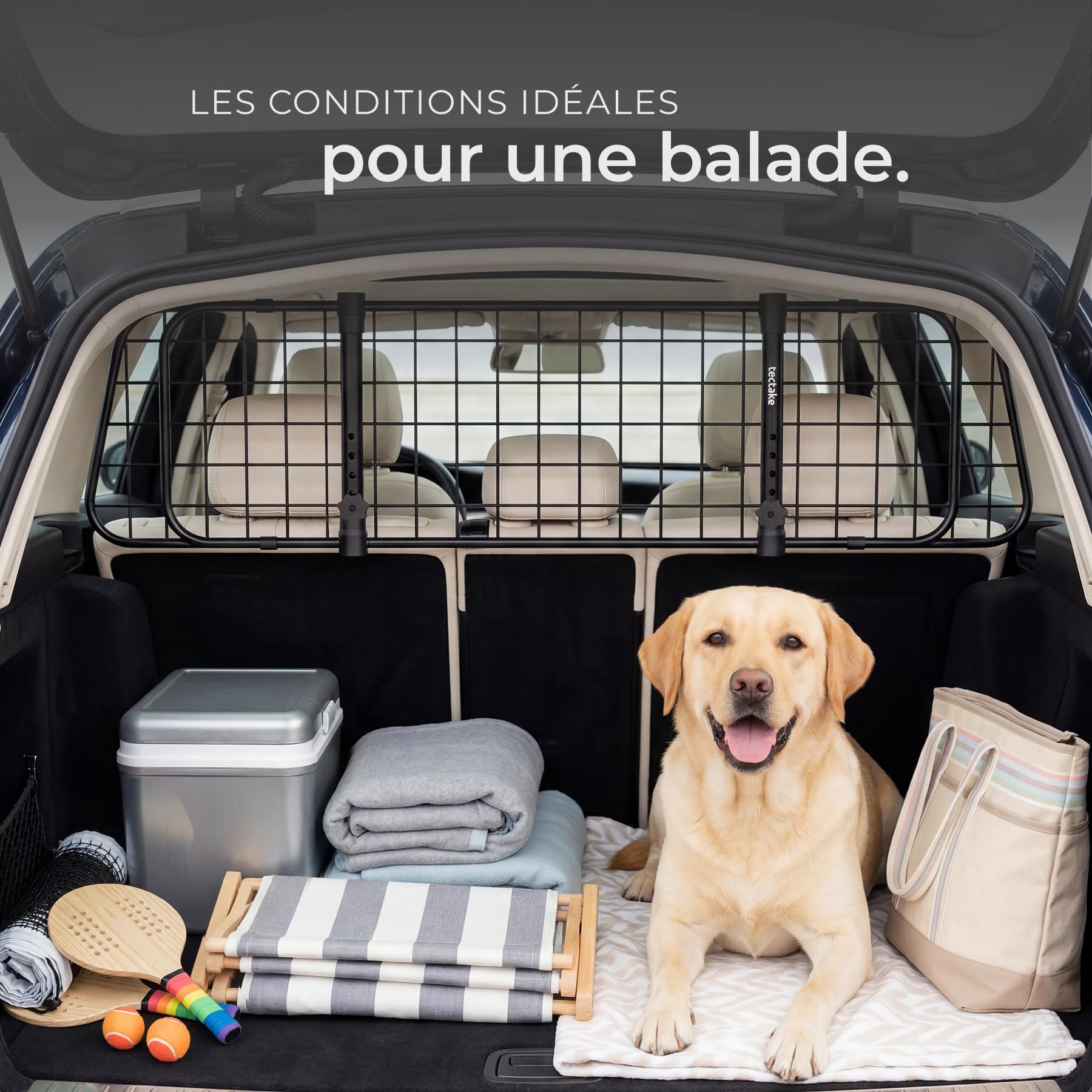 tectake® Barriere de securite Universelle pour Transport Chien Voiture Grille de Protection Voiture portable, Largeur réglable 91,5 à 154 cm, 2 ceintures incluses, Cloture Chien Accessoires pour Chien