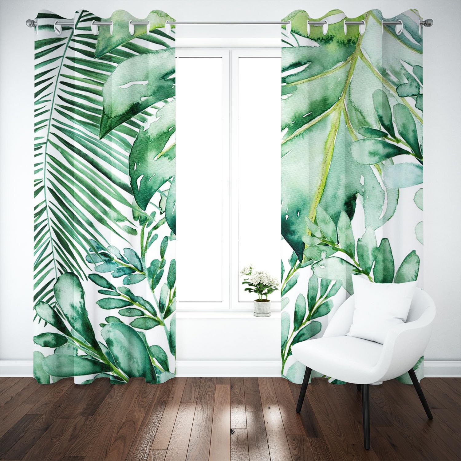 KARPIX Opaque Tropical Plants Palm Leaves Monstera Blackout Curtain Natural Theme Window Curtain with Eyelets for Children's Room (1.150 x 166 cm (2 x 75 x 166 cm)) - Image 2