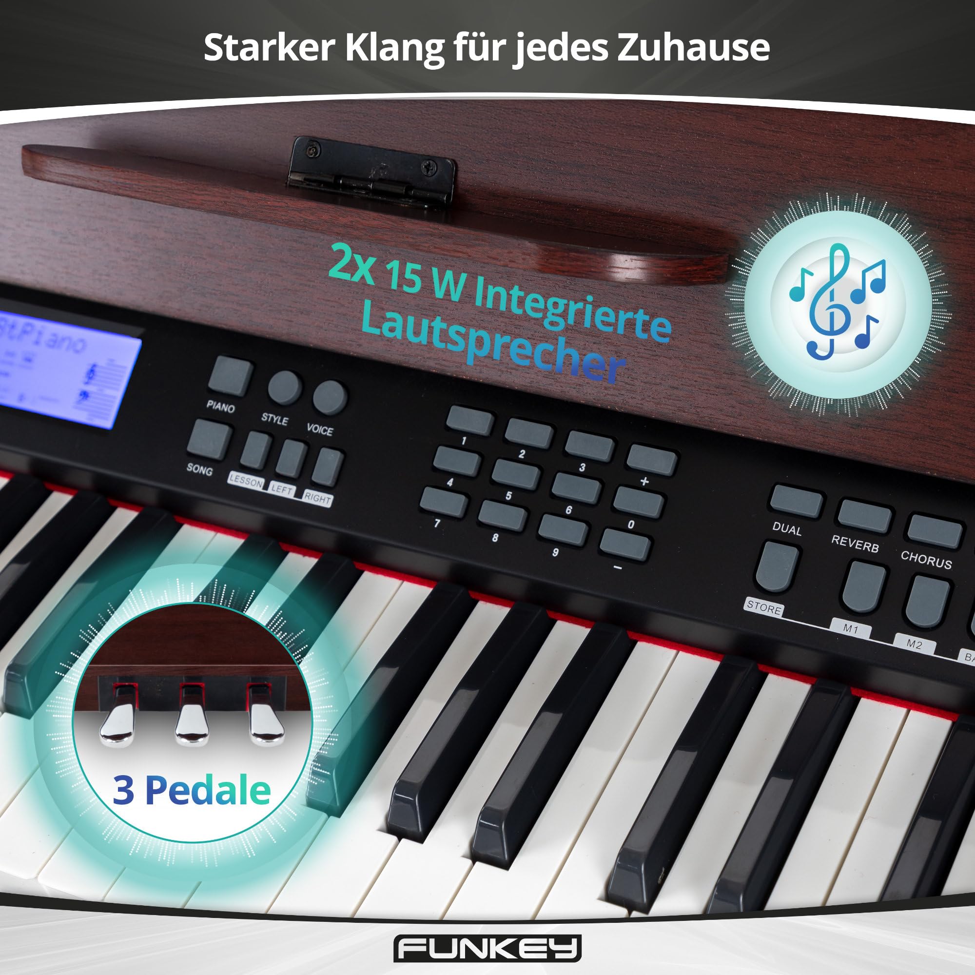 FunKey DP-88 II Digitalpiano (88 anschlagsdynamische Keyboard-Tasten, 128-fach polyphon, 360 Sounds, 160 Styles, MP3-Player, Lernfunktion, Record- & Playback-Funktion, 3 Pedale) braun