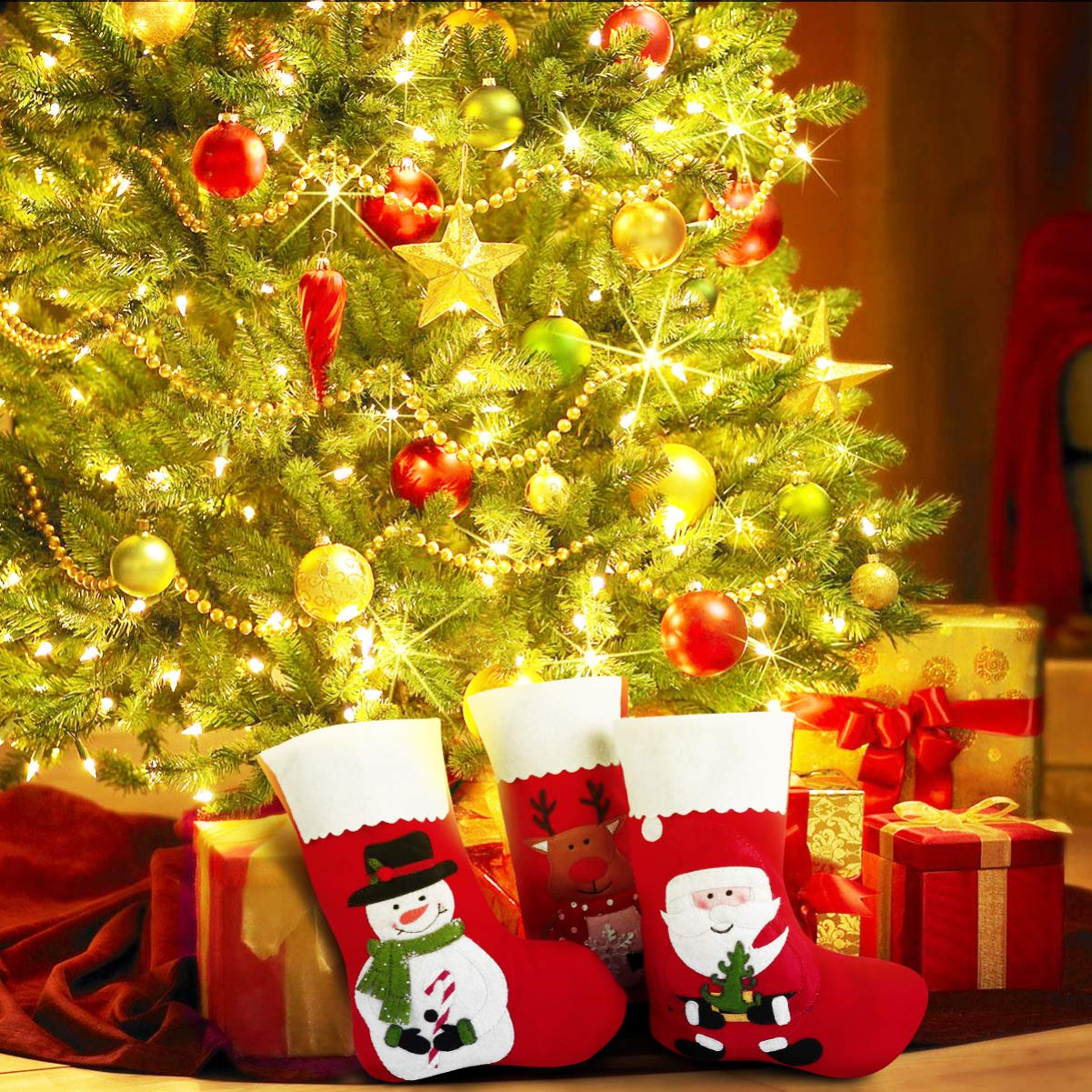 Toyvian 6 calze natalizie per le vacanze natalizie, 25,5 cm, sacchetti da appendere in feltro rosso, decorazioni per albero di Natale, pupazzo di neve, renna, regalo per feste in famiglia