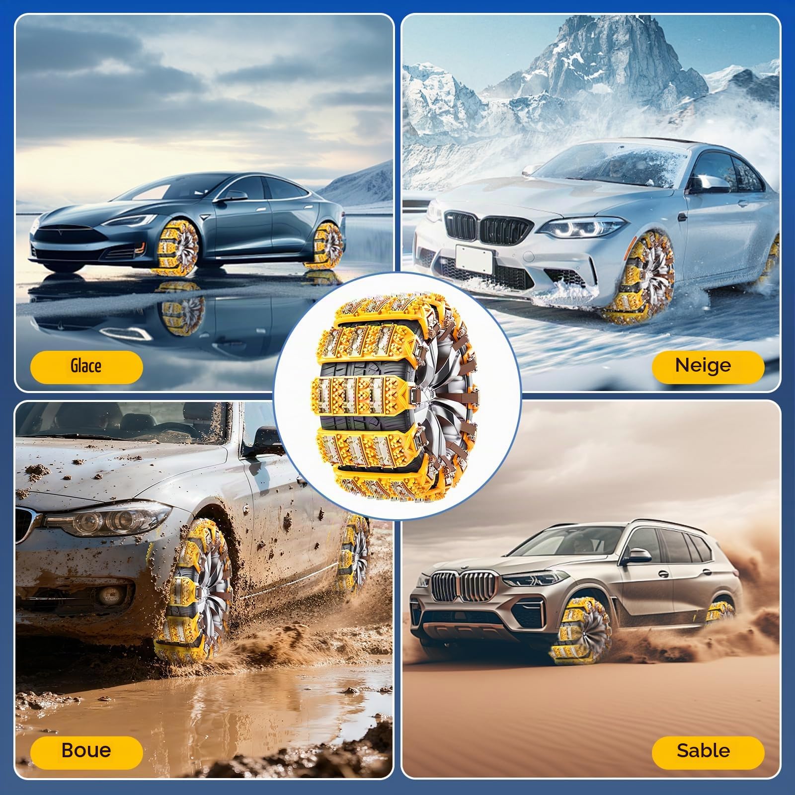 Chaînes à Neige 8 Pièces Anti-Dérapantes et Réglables pour Pneus 165-255 mm - Facile à Installer, à Picots, pour Voiture, SUV, Camion (Jaune)