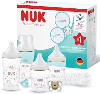 NUK Perfect Match Perfect Start Babyflaschen Geschenkset für Neugeborene | 0–6 Monate | 4 x Anti-Kolik-Flaschen (150 ml, 260 ml), 2x Sauger, 1x Air Schnuller, 1x Flaschenbürste | Regenbogen | 8 Stück