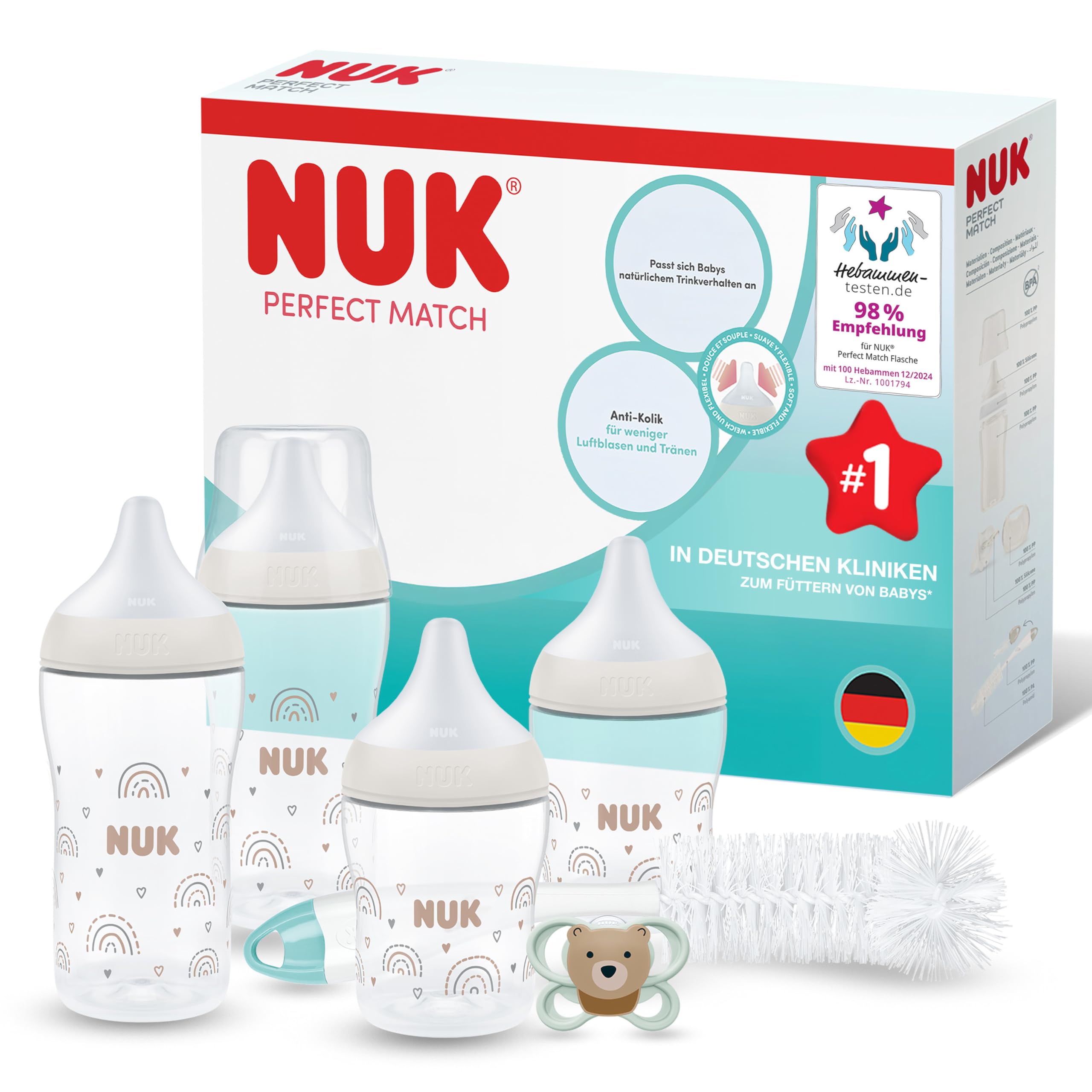 NUK Perfect Match Perfect Start Babyflaschen Geschenkset für Neugeborene | 0–6 Monate | 4 x Anti-Kolik-Flaschen (150 ml, 260 ml), 2x Sauger, 1x Air Schnuller, 1x Flaschenbürste | Regenbogen | 8 Stück