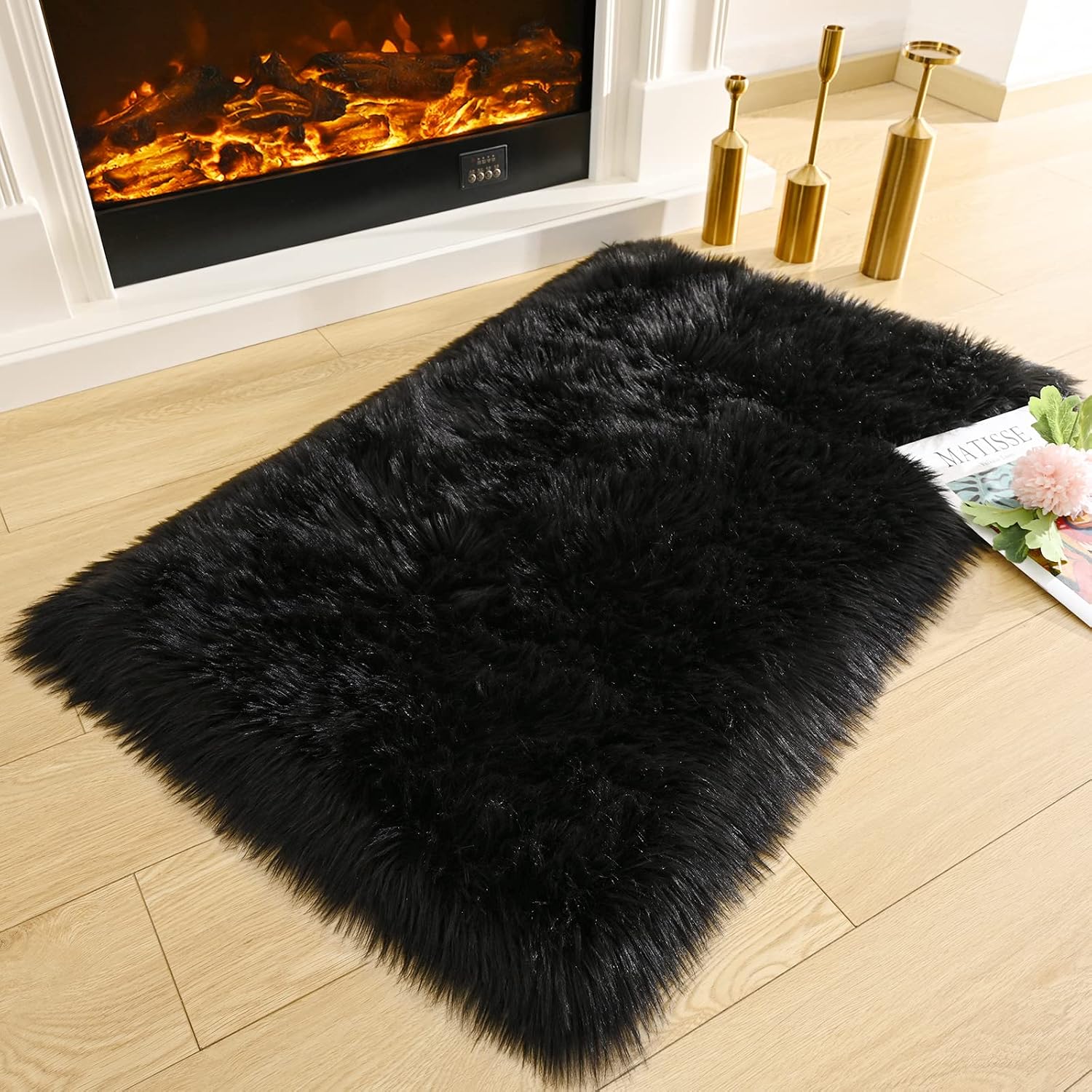 Ucomn Luxury Soft Faux Sheepskin Rectangle Area Rugs for Indoor Plush Fluffy Living Room Flooring Chair Sofa Bedroom Fur Rug, 2' x 3', Black
