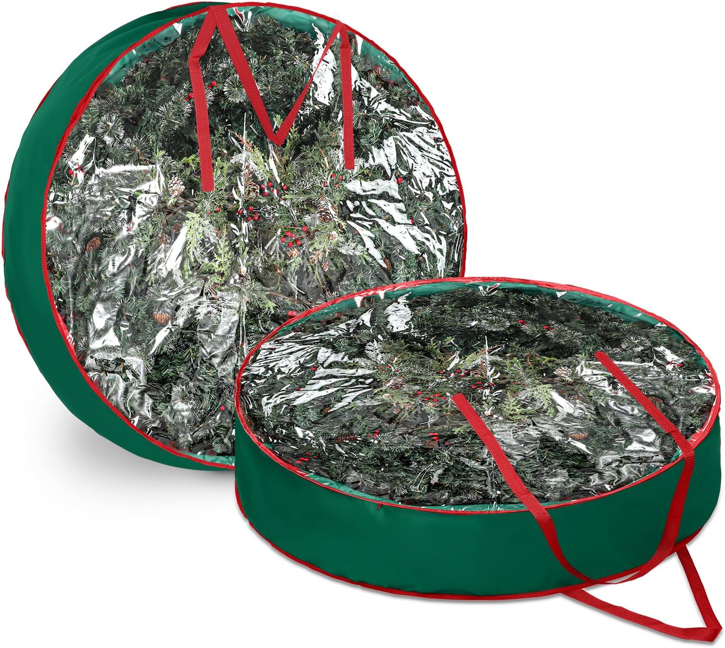 Abbylike 2 Pcs 48'' Christmas Wreath Storage Bag Clear Extra Large Wreath Storage Container Xmas Zippered Decorative Garland Box with Handles Jumbo Box Bag Holiday 600d Oxford(Green)