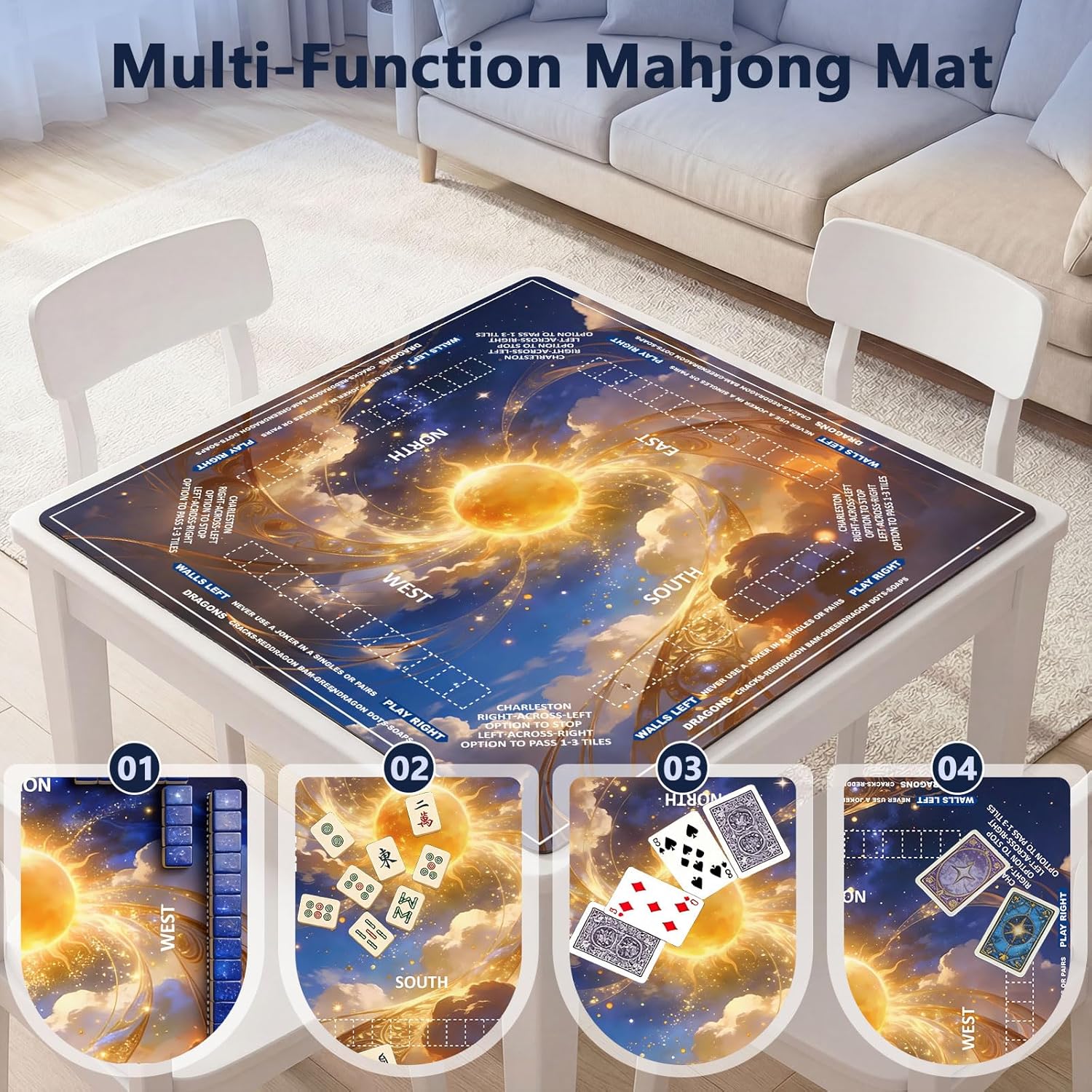 Mahjong Mat for Table, American Mahjong Mat with Rules, Non Slip Rubber Backed Mahjong Table Mat, Noise Reducing 3mm Thick, 31.4 x 31.4 Inch Foldable Mah Jongg Mat with Carrying Bag, Sun