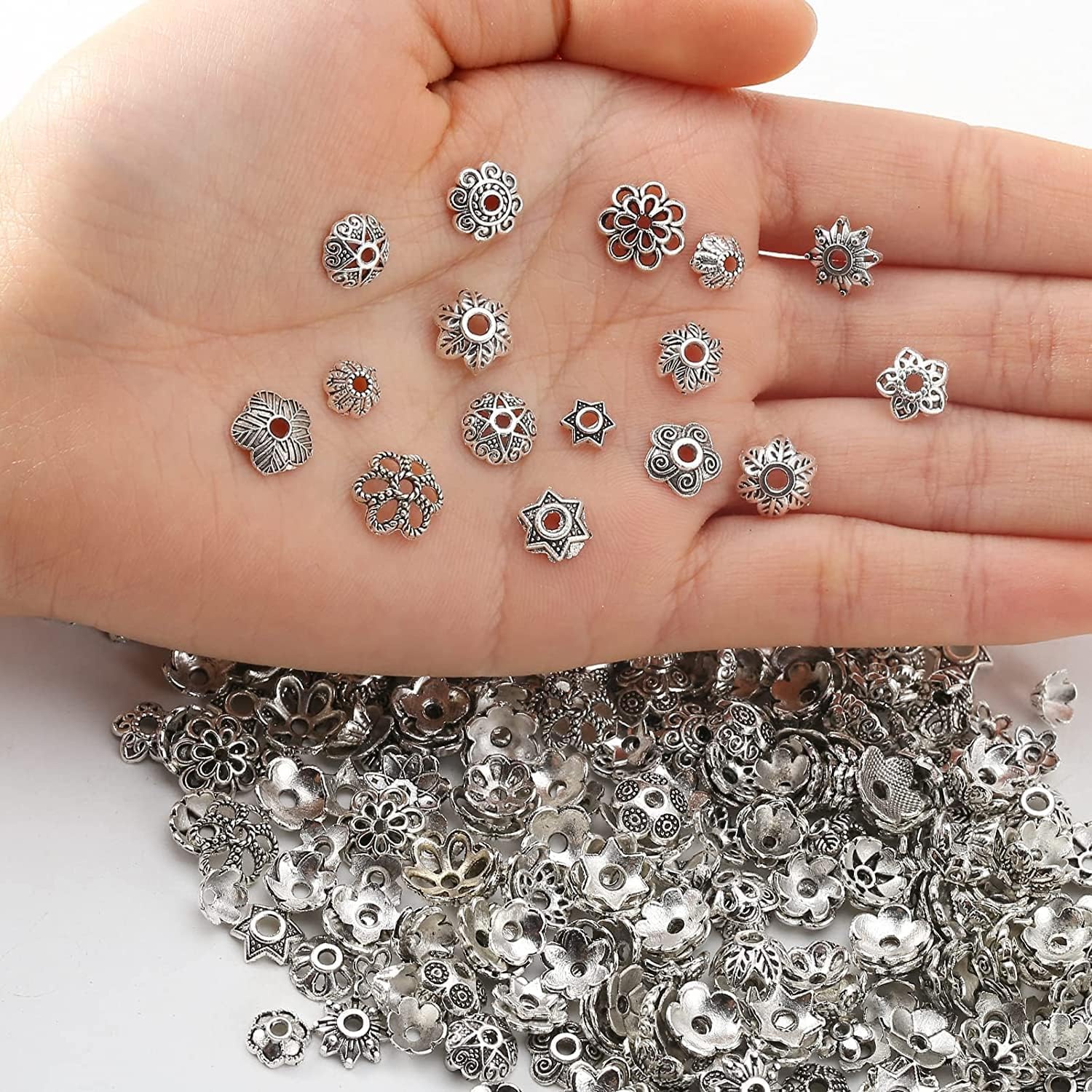 HERZWILD 480pcs Silver Spacer Accessories Flower Beads Caps,Mixed Spacers Tibetan Spacers Bead,Alloy Metal caps Spacer Beads for DIY Bracelets Necklace Jewelry Mix Style(folwer 100) - Image 4