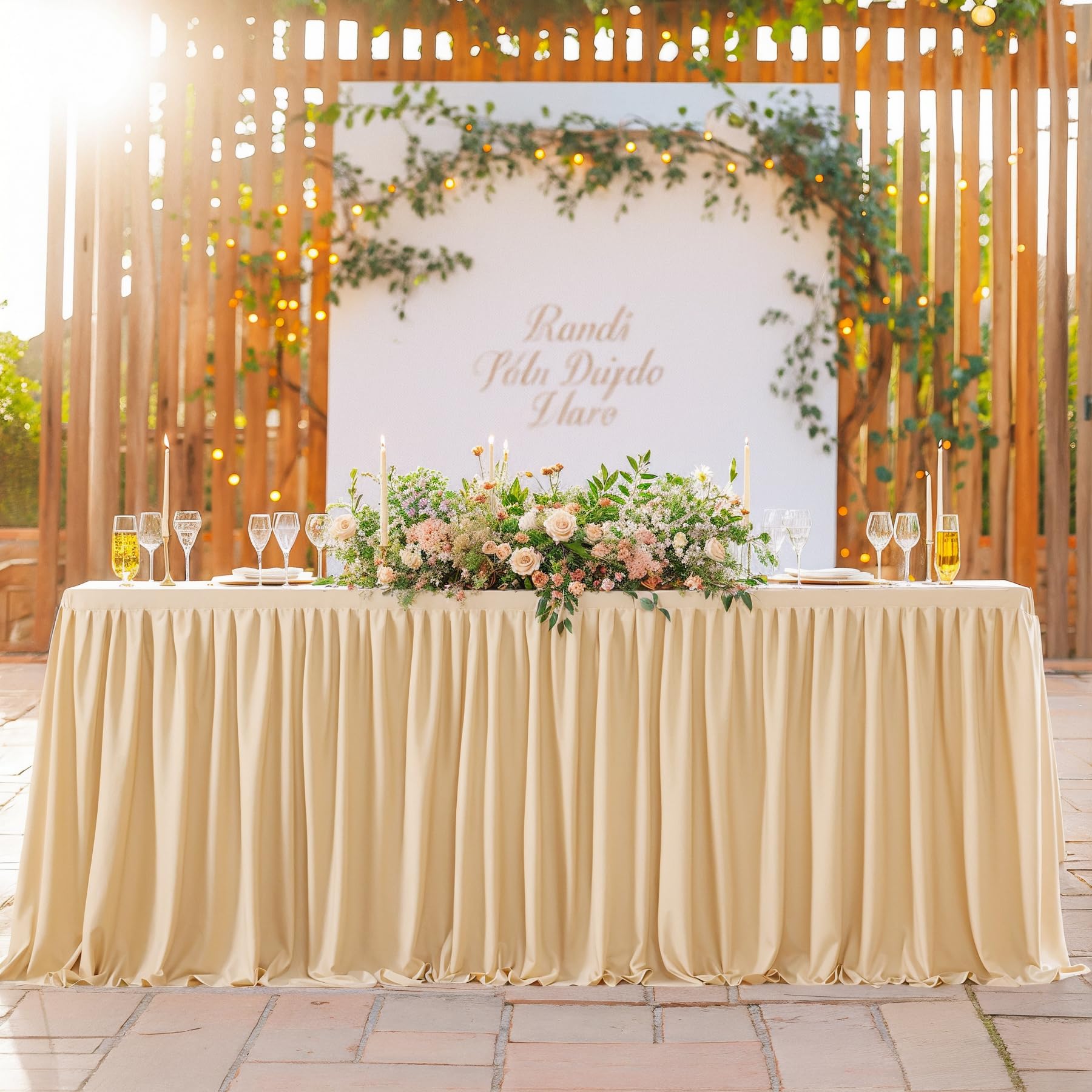 Photo 1 of Deep Champagne Table Clothes for Rectangle Tables 6ft, Wrinkle Resistant Fitted Table Cloth with Pleated Ruffle Skirts for Banquet Wedding Baby Shower Folding Tables