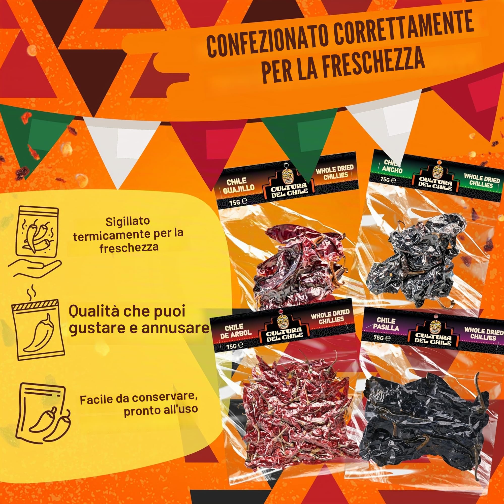Pacchetto di peperoncini secchi interi messicani. Ancho, Guajillo, Arbol e Pasilla (300 g totali). Tutti peperoncini naturali per un autentico gusto messicano. Ottimo per tacos birria, talpa, tamales