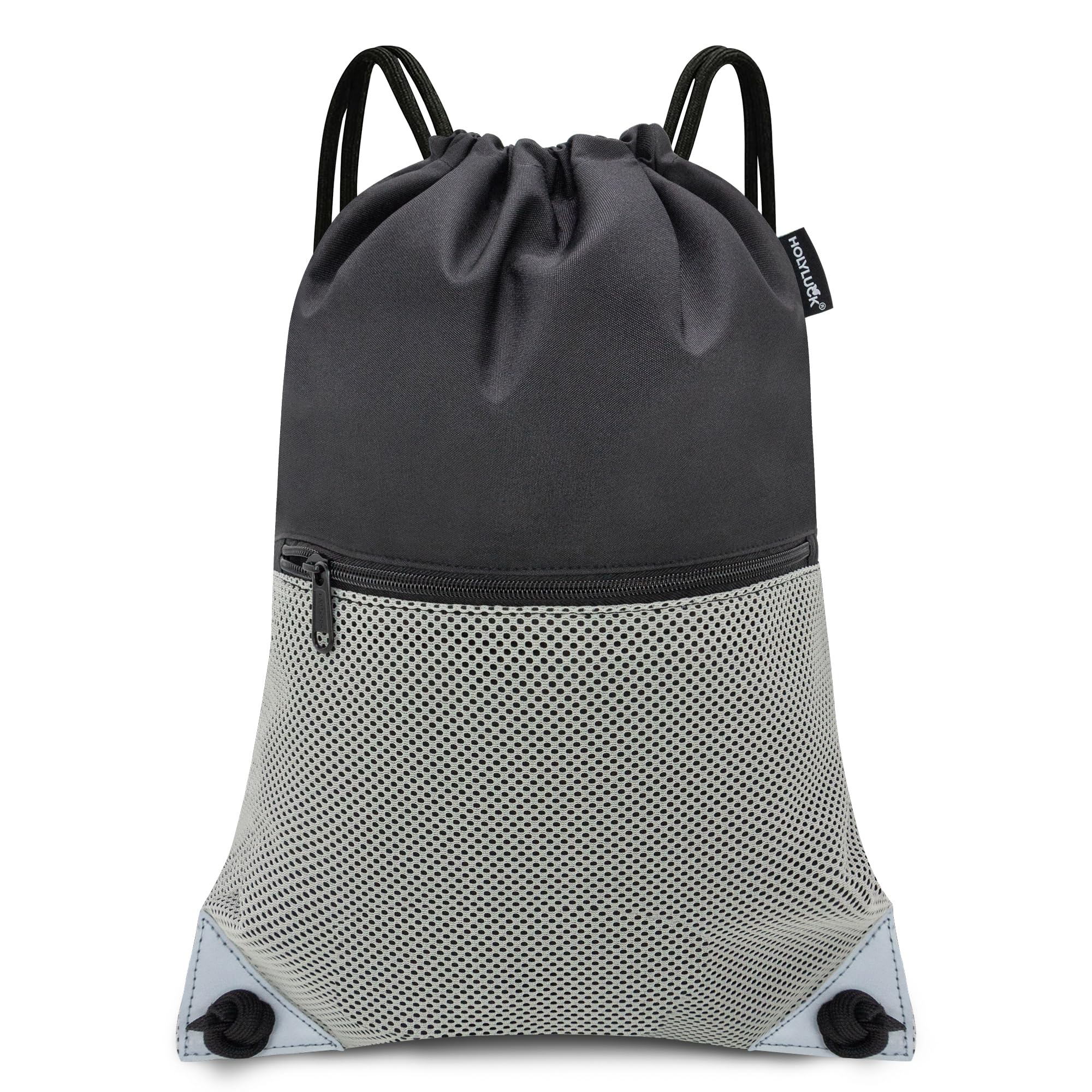 HOLYLUCKDrawstring Backpack Gym Sports Bag with Front mesh zipper Pocket 18.6" L x 13.5" W Cinch Sack String Sackpack For Men Women (black and grey)