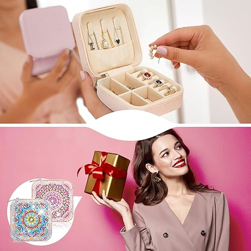 Miniatura 6 de Hinly Caja de almacenamiento portátil de 2 piezas de mandala con pintura de diamantes, de cuero sintético, joyería de cuero, organizador de anillos,