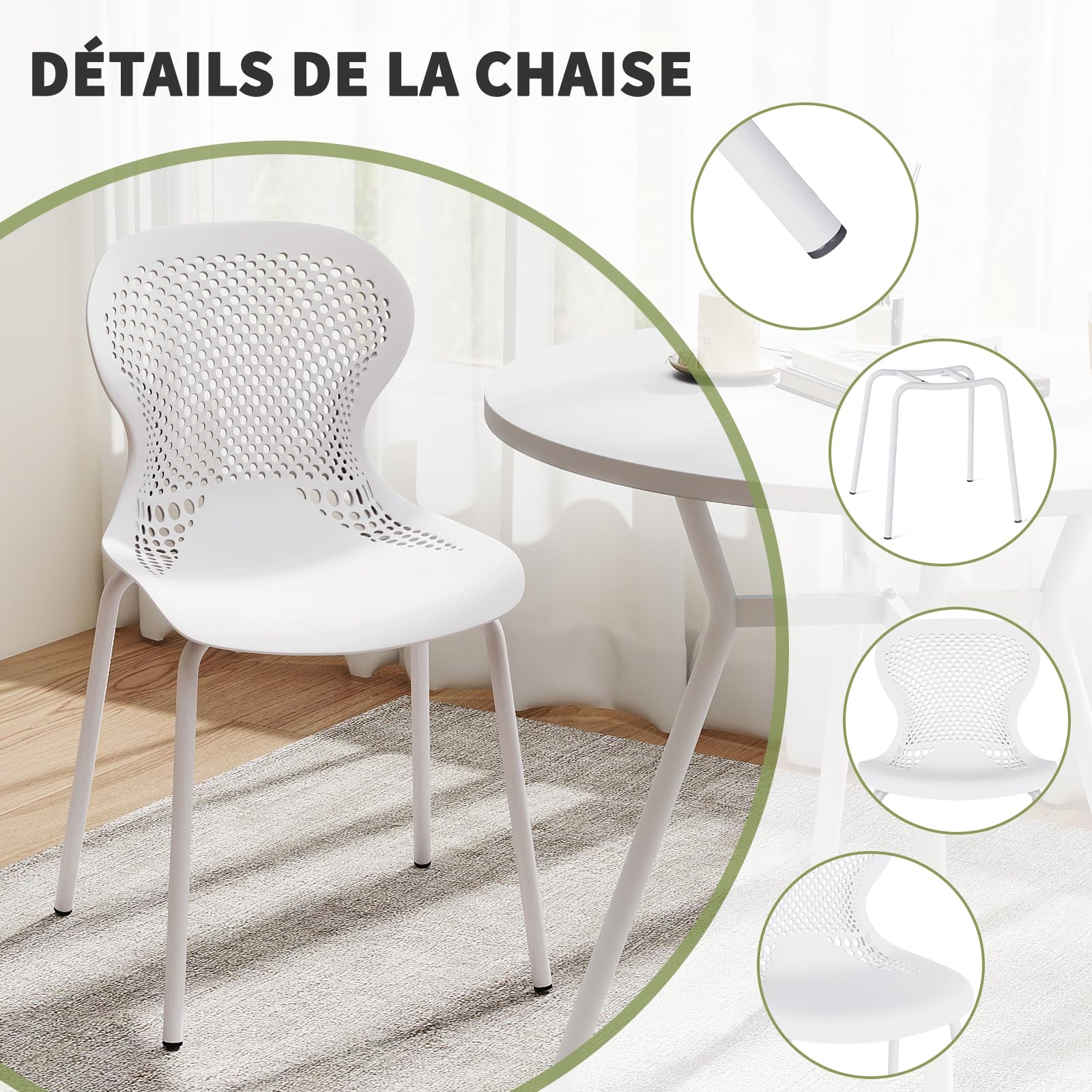 JIJIAN Lot de 6 Chaises de Salle à Manger Empilables, Chaise de Cuisine avec Pieds en Métal, Chaises de Jardin en Plastique, pour Salle à Manger, Salon, Jardin, Balcon et Terrasse, Blanc