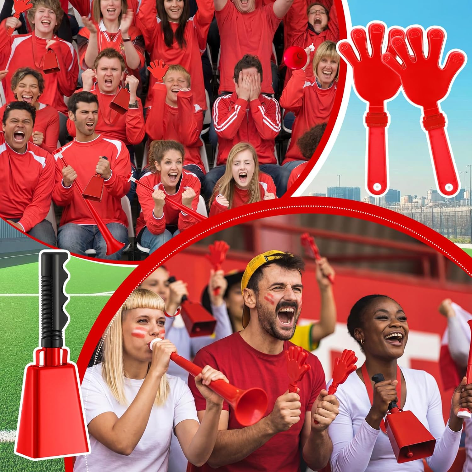 21 Pcs Cheer Team Spirit Game Day 2026 Stadium Events Items Bulk 9" Cow Bell with Straps Hand Clappers Big Horns for Sporting Events Soccer Football Basketball Golf Poms Game Day