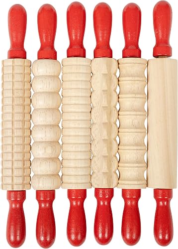 READY 2 LEARN Mini Textured Wooden Rolling Pins, Set of 6 | 7.25 inches, Turning Handles, Rollers for Kids' Dough, Crafts, Imaginative Play