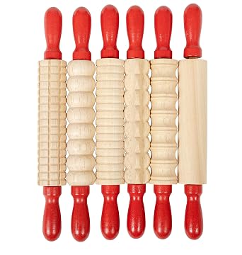 READY 2 LEARN Mini Textured Wooden Rolling Pins | Set of 6 | 7.25 inches | Turning Handles | Rollers for Kids Dough, Crafts, Imaginative Play