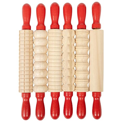 READY 2 LEARN Mini Textured Wooden Rolling Pins | Set of 6 | 7.25 inches | Turning Handles | Rollers for Kids' Dough, Crafts, Imaginative Play