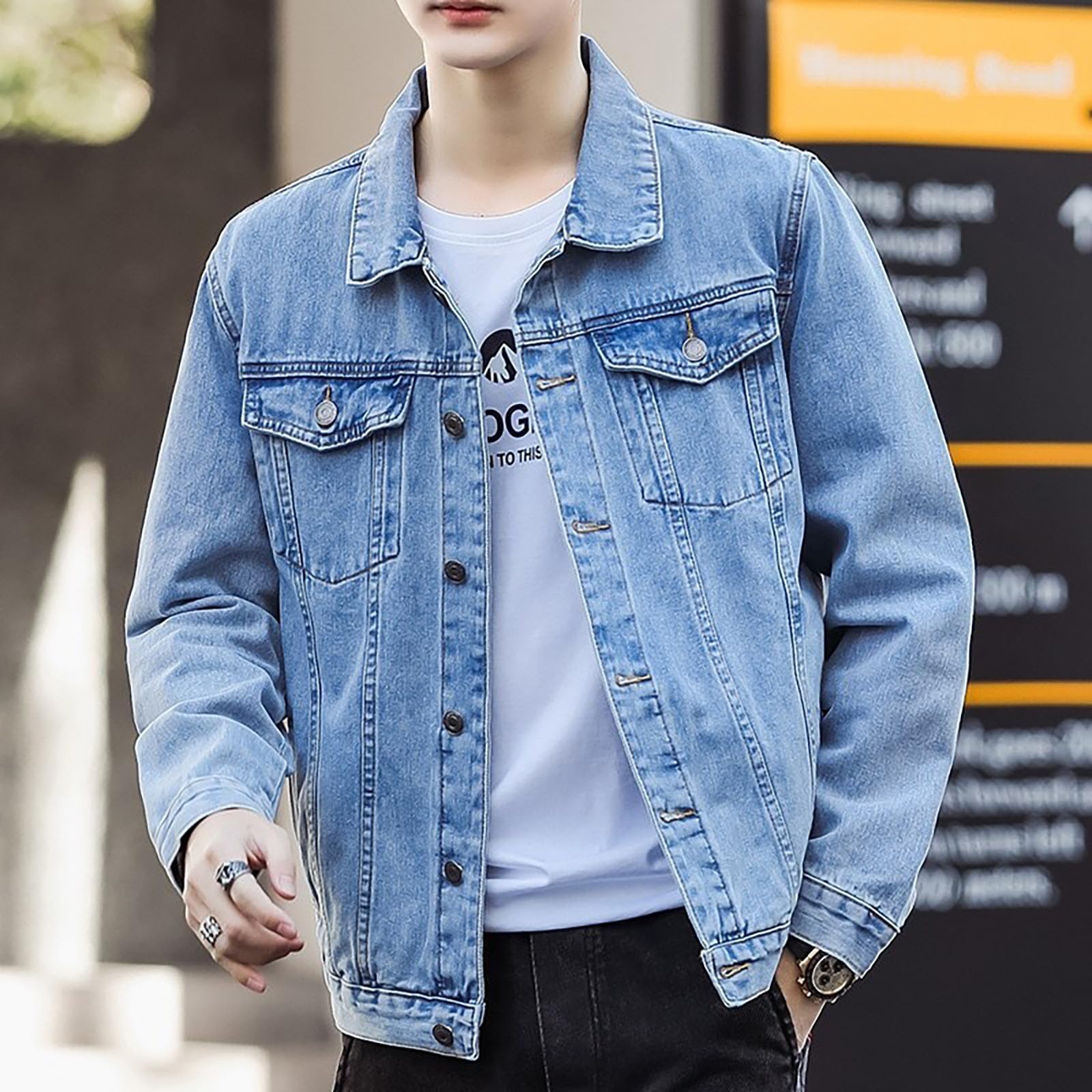 Giacca di Jeans da Uomo, Giacca Primavera Uomo, Risvolto Manica Lunga Giacca di Costume Classico Denim Cotone Loose Tuta Affari Blazer Giacca con Tasche Giubbino Jeans Giacca in Denim Denim Jacket