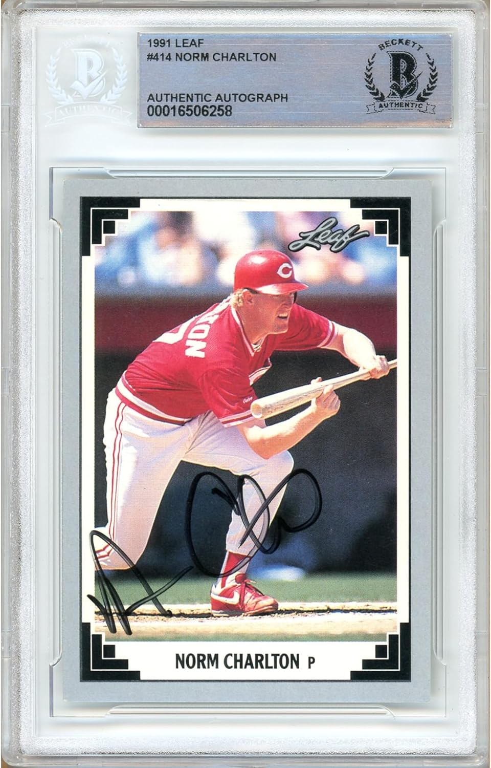 Norm Charlton Signed 1991 Leaf #414 Baseball Trading Card Slab Beckett BAS Authentic Slabbed COA Played For Cincinnati Reds Autograph Memorabilia