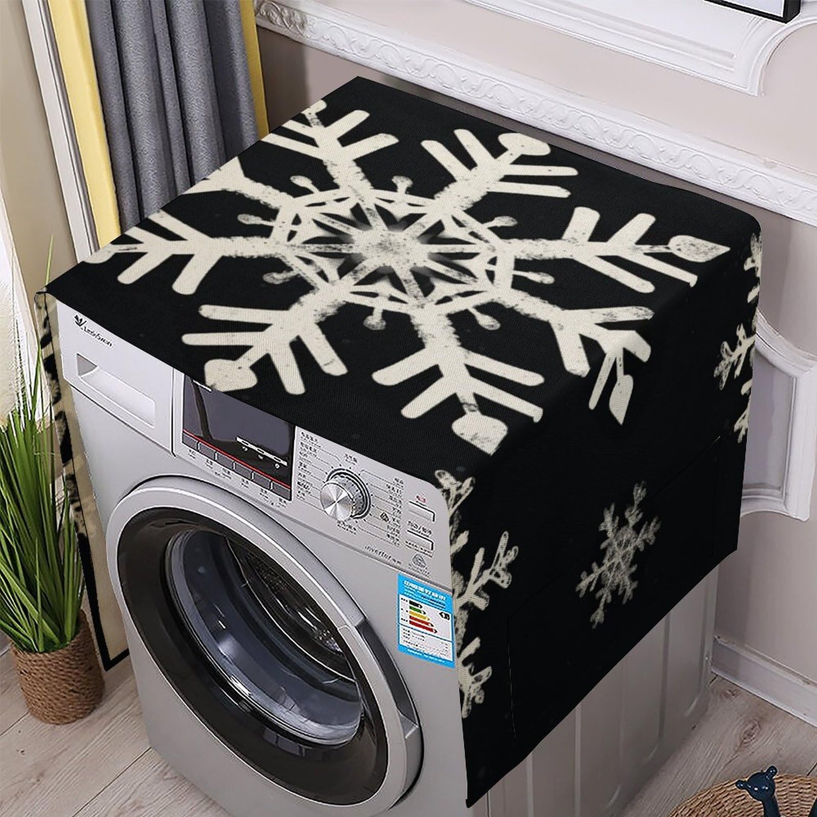 Fodpand White Washing Machine Cover For Top Load Dustproof Snowflake Washer And Dryer Cover With Storage Pockets Household Appliance Covers Washable Top Protector Mat Pad For Laundry & Kitchen