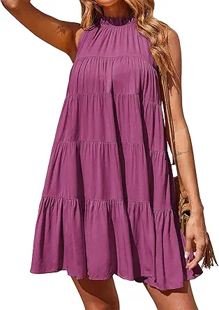 Okiwam Womens Summer Halter Dresses Sleeveless A Line Tiered Swing Mini 2025 Fall Casual Boho Beach Vacation Sundress