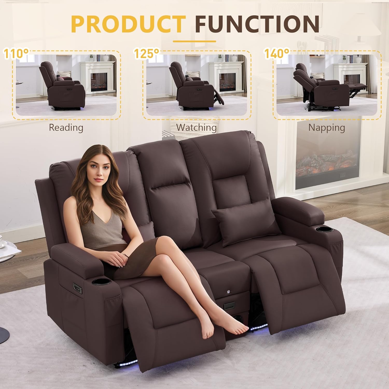 URRED Power Loveseat Recliner Sofa with Console, Wall Hugger RV Reclining Couch, 2 Seater Home Theater Seating with LED Lights, Bluetooth Speakers, USB Ports, Power Outlets & Storage, Brown | Pet Friendly, Dual Reclining, Zero Gravity, Button Control