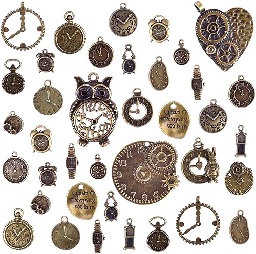 BronaGrand Dijes mixtos de 3.53 onzas (38 piezas) con forma de cara de reloj, para pulseras, collares, joyas y manualidades, bronce antiguo, Bronce,