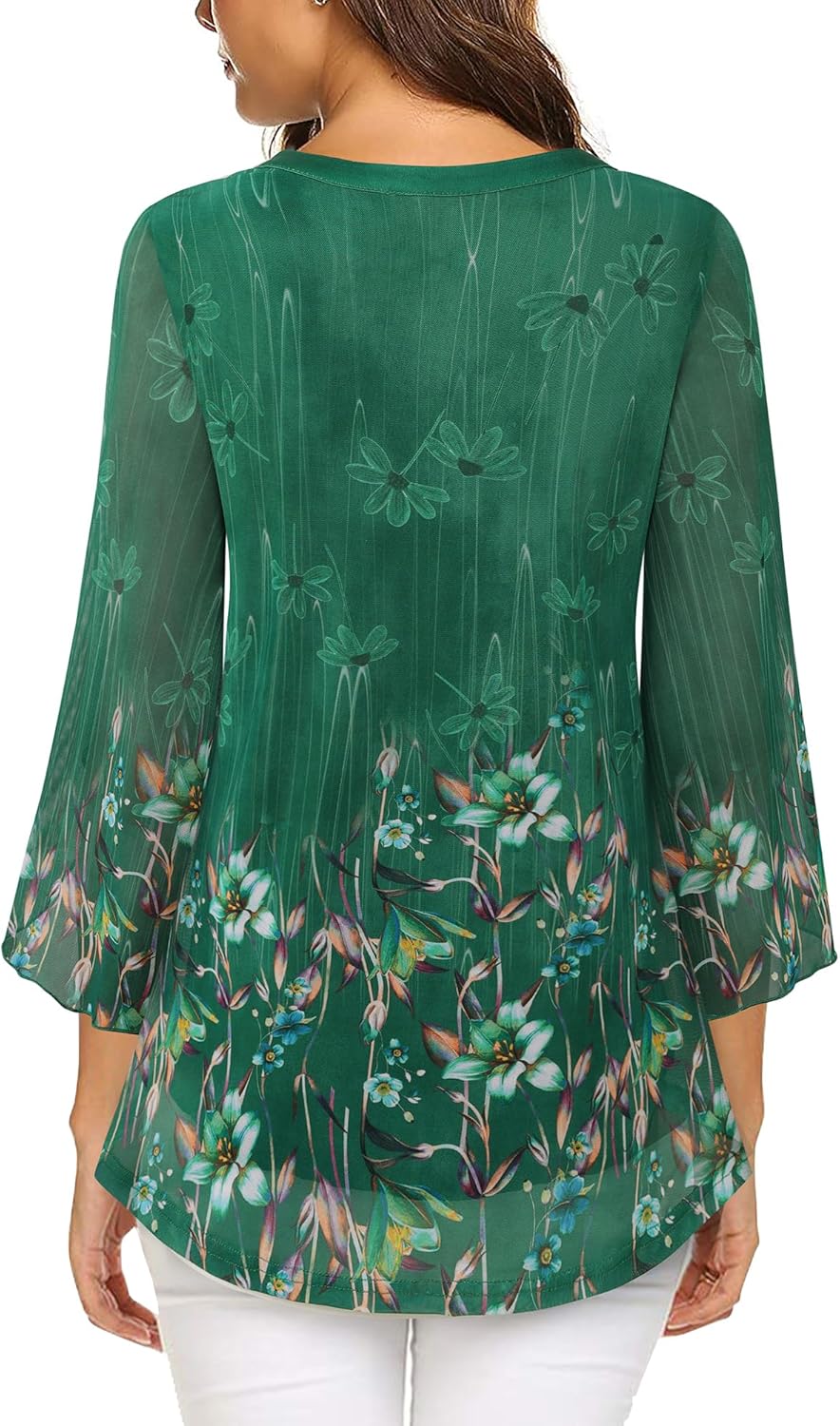 VALOLIA Women's 3/4 Sleeve Floral Tunic Tops V Neck Double Layers Loose Fit Mesh Blouses Shirt - Image 4