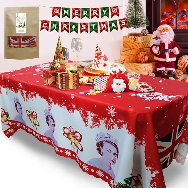 HENGYANG Christmas Table Cloths include Queen Elizabeth and UK flag pattern Extra Large Rectangular Water Resistant Wipeable New Year Decoration Xmas Party to Sit 6 to10 150 x 200cm 59x79