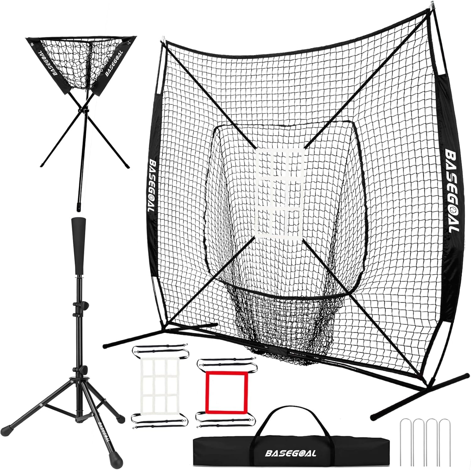 7'×7' Baseball Softball Practice Net,Baseball Backstop,with Batting Tee,Ball Caddy,for Hitting Pitching Batting Catching with Bow Frame,Bonus Strike Zone,Portable and Foldable