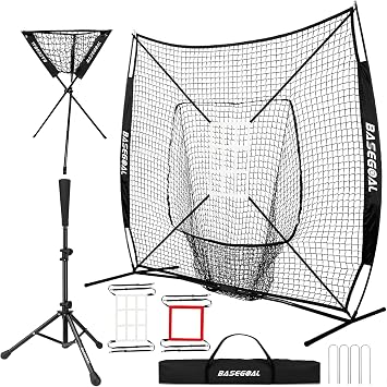 BaseGoal 77 Baseball Softball Practice Net,Baseball Backstop,with Batting Tee,Ball Caddy,for Hitting Pitching Batting Catching with Bow Frame,Bonus Strike Zone,Portable and Foldable
