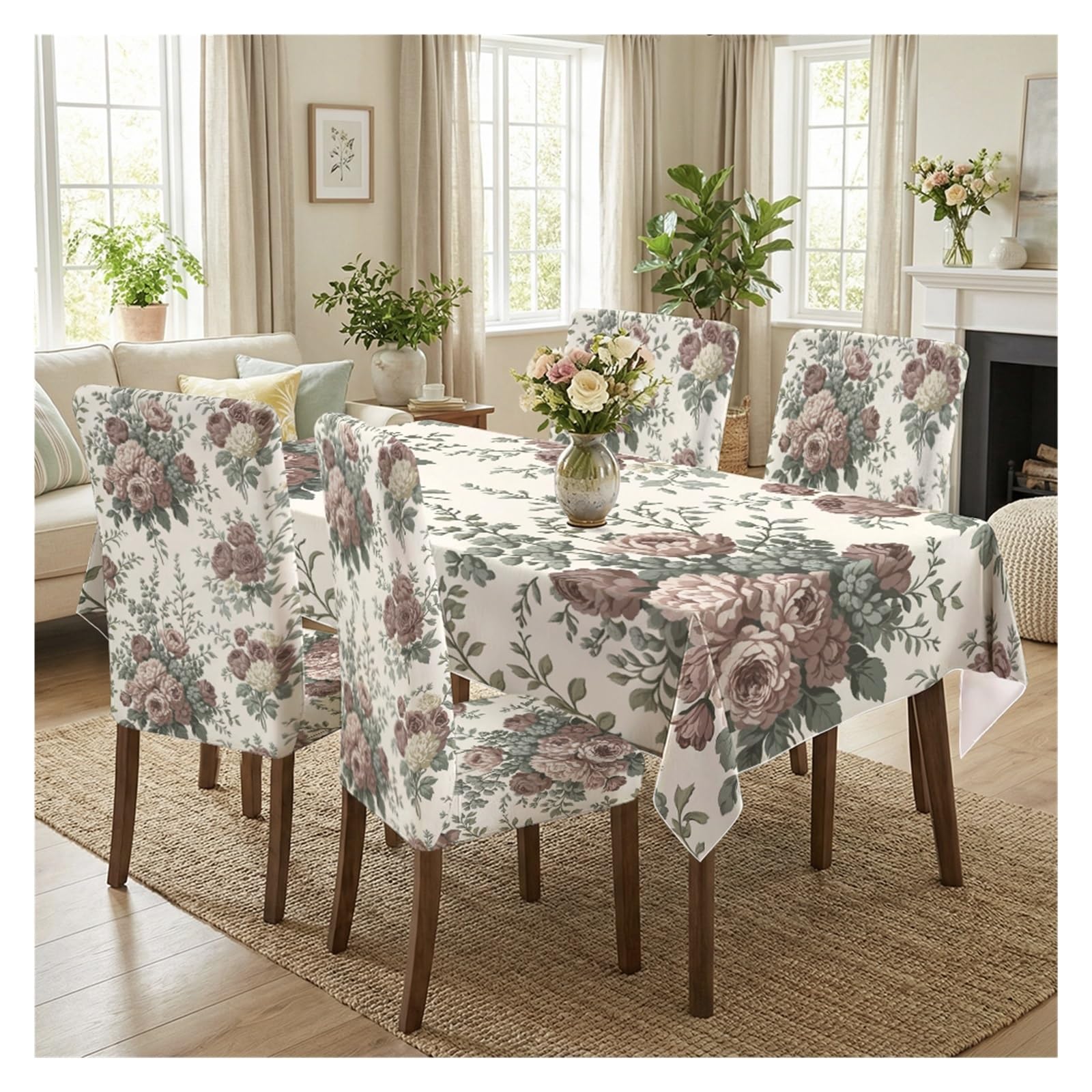 BOSUYBN Vintage Muted Rose Floral Dining Tablecloth & Chair Covers Set, 5/7 Piece Elegant Old Garden Flower Home Decor Table Setting(5pcs Set: Tablecloth+Chair Covers)