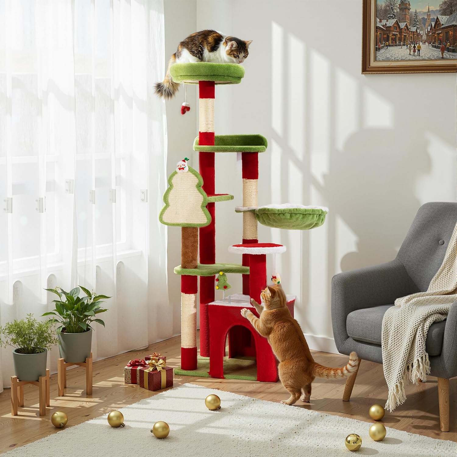 AQUILLA 55.1in Christmas Cat Tree Tower for Indoor Cats, Multi-Level Cat Condo with Sisal Scratching Posts, Cozy Hammock & Top Perches, Red & Green Holiday Pet Play House for Large Cats and Kittens