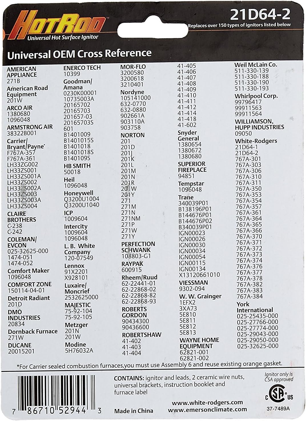 Back of White Rodgers 21D64-2 packaging showing OEM cross-reference chart