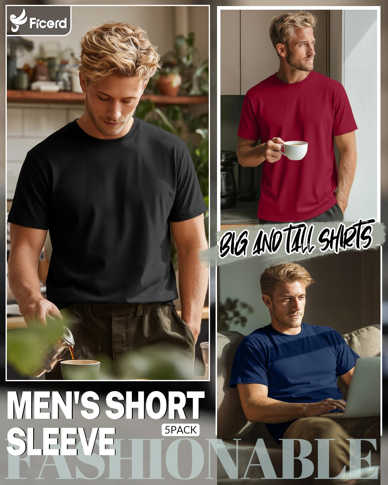 Ficerd Pack de 5 Camisetas Hombre Tallas Grandes Manga Corta Algodón Verano Corte Holgado Cómodas Básicas para Uso Diario