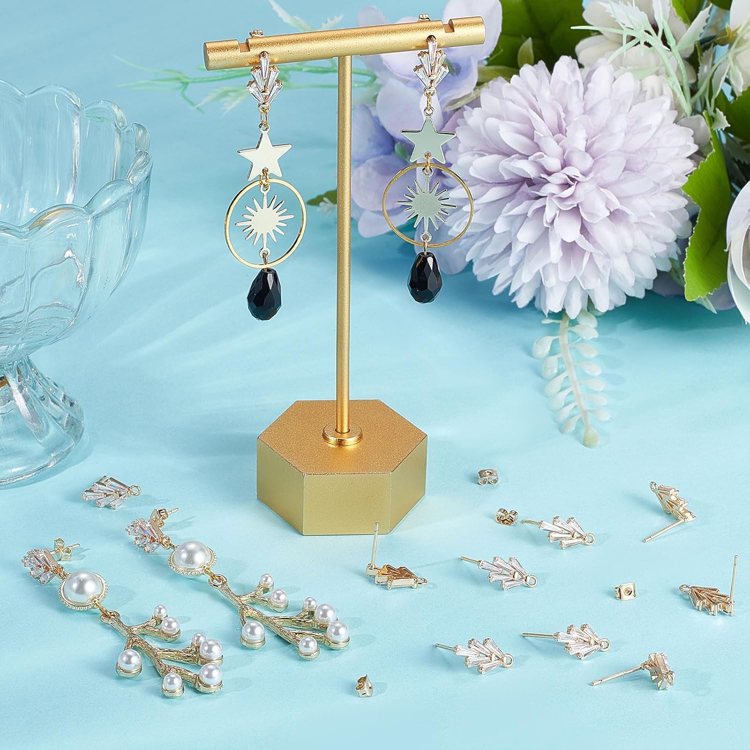 Beebeecraft 1 Box 20Pcs Zirconia Stud Earring Findings 18K Gold Plated Leaf Earring Post with Loop Wheat Shape Earring Findings and Ear Backs for Spring Birthday DIY Date Gift Jewellery Making