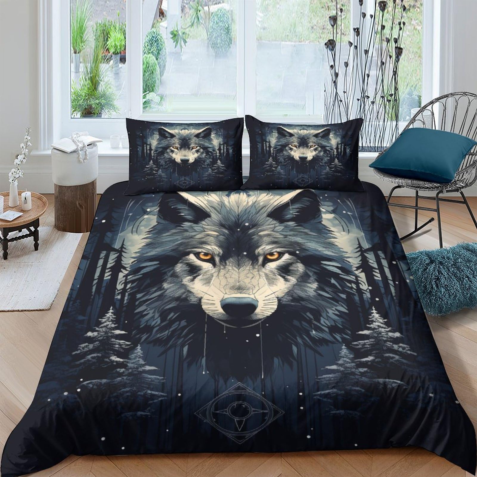 Housse de couette microfibr avec fermeture &agrave; glissi&egrave;re lit double Loups des Bois 3D