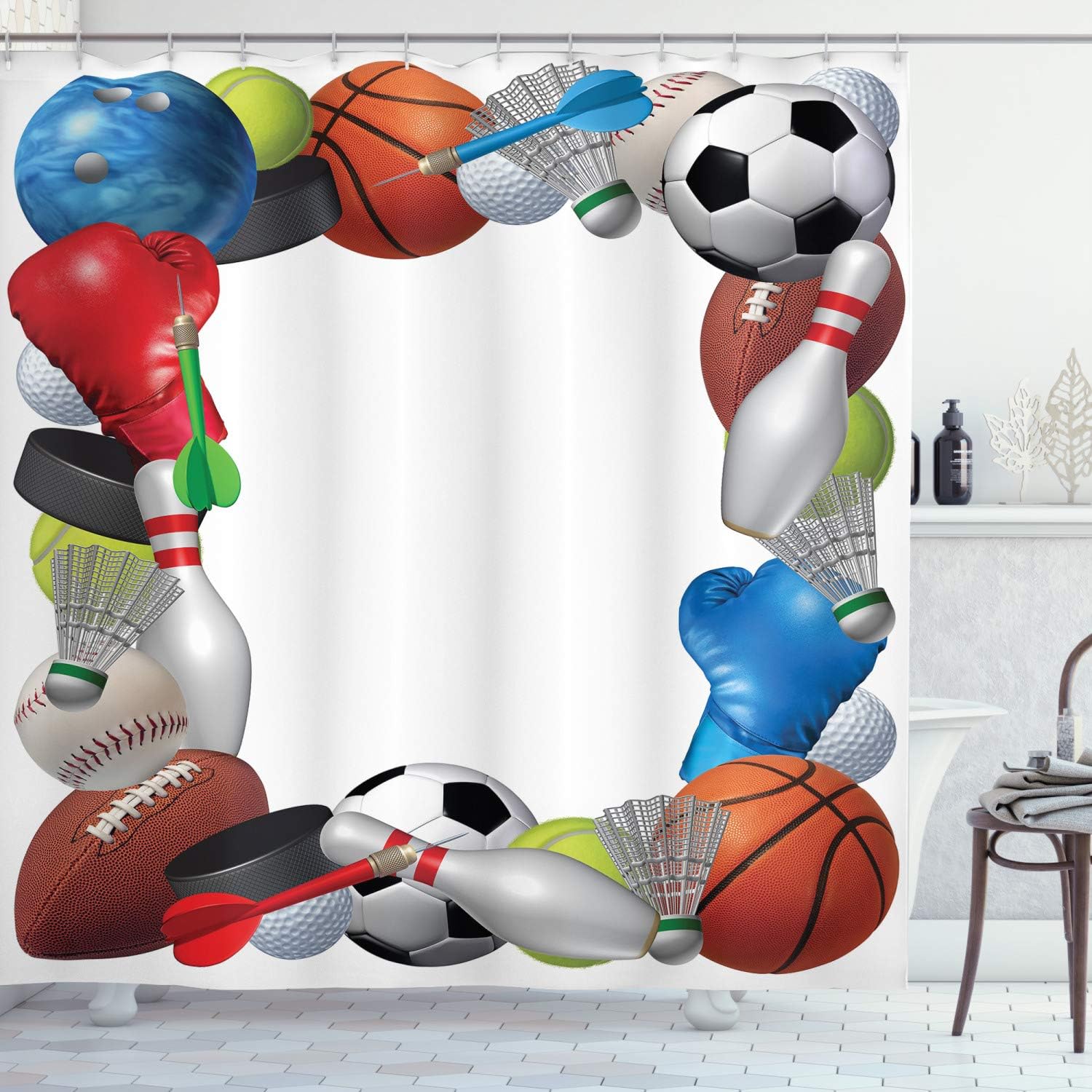 Ambesonne Sports Stall Shower Curtain, Frame with Sport Equipment from Baketball Boxing Golf Bowling Badminton Activity, Fabric Bathroom Decor Set with Hooks, 36" W x 72" L, Multicolor