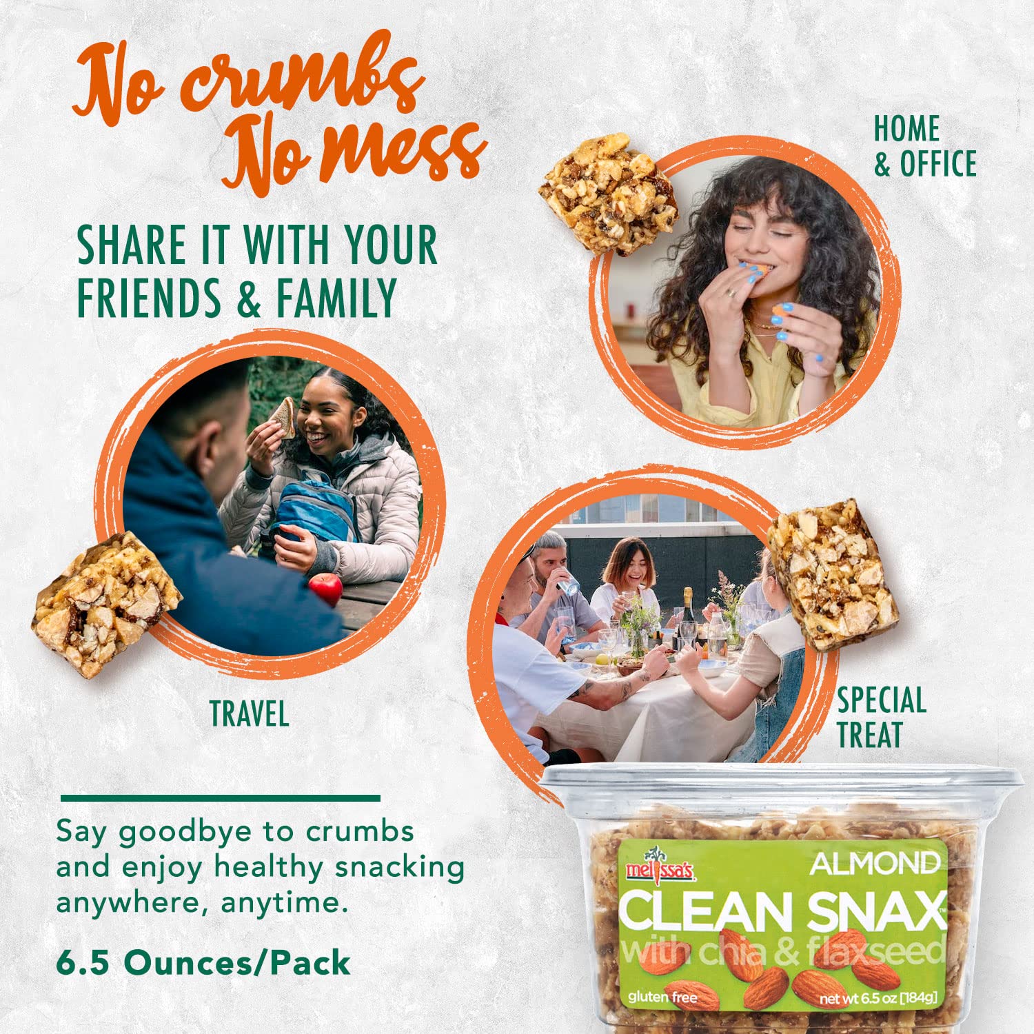 Melissa's Clean Snax® With Chia and Flaxseed, Gluten-free Packaged Snacks, All Natural, Not Artificial Flavors Added, Low Sodium Healthy Crispy Snacks, Size 5 Pack, Almond