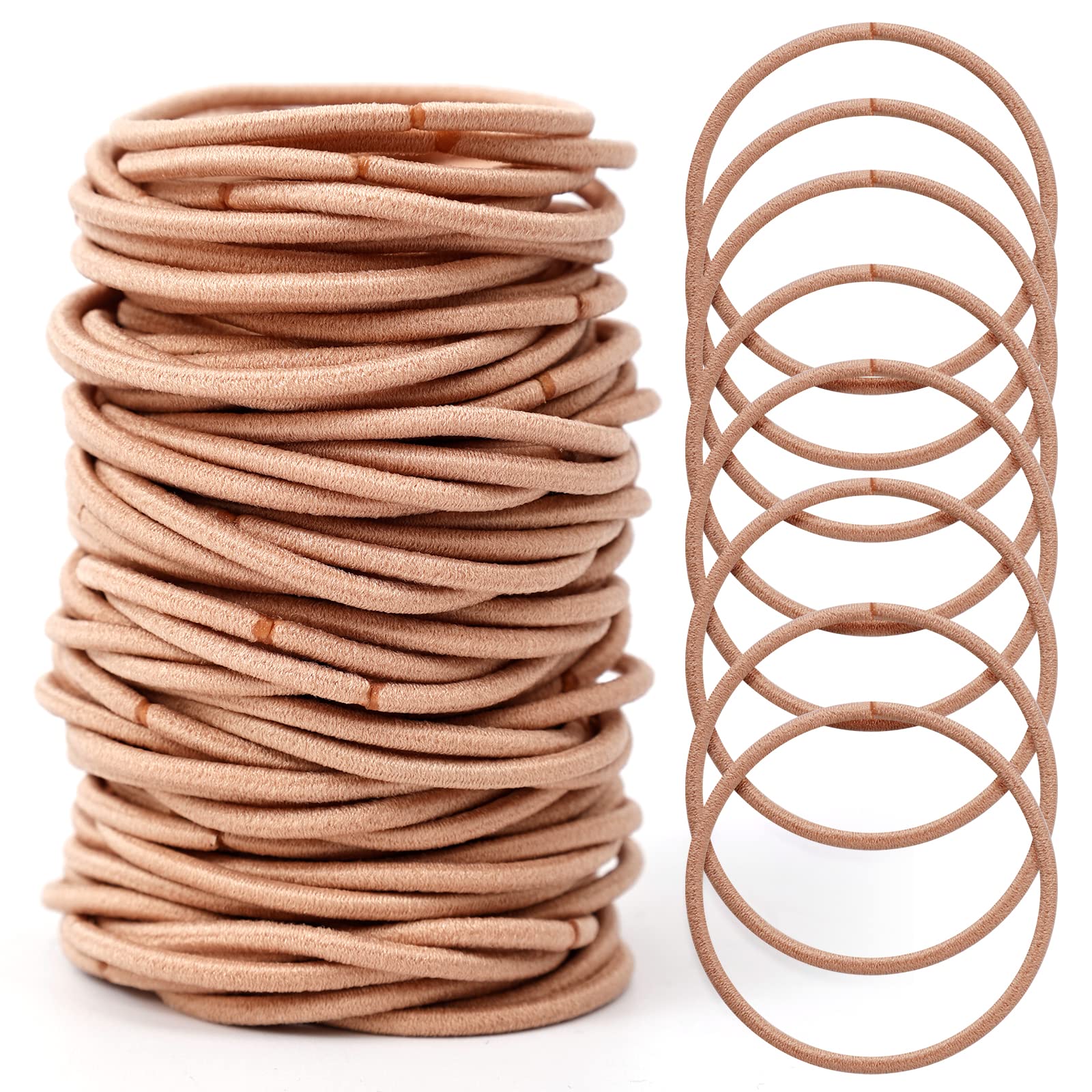 HXC 100pcs Elastic Hair Bobbles Khaki, 2mm Thin Bands Small Soft withou Metal Ponytail Holder, brown, 65.0 grams, 100.0 count, Pack of 1