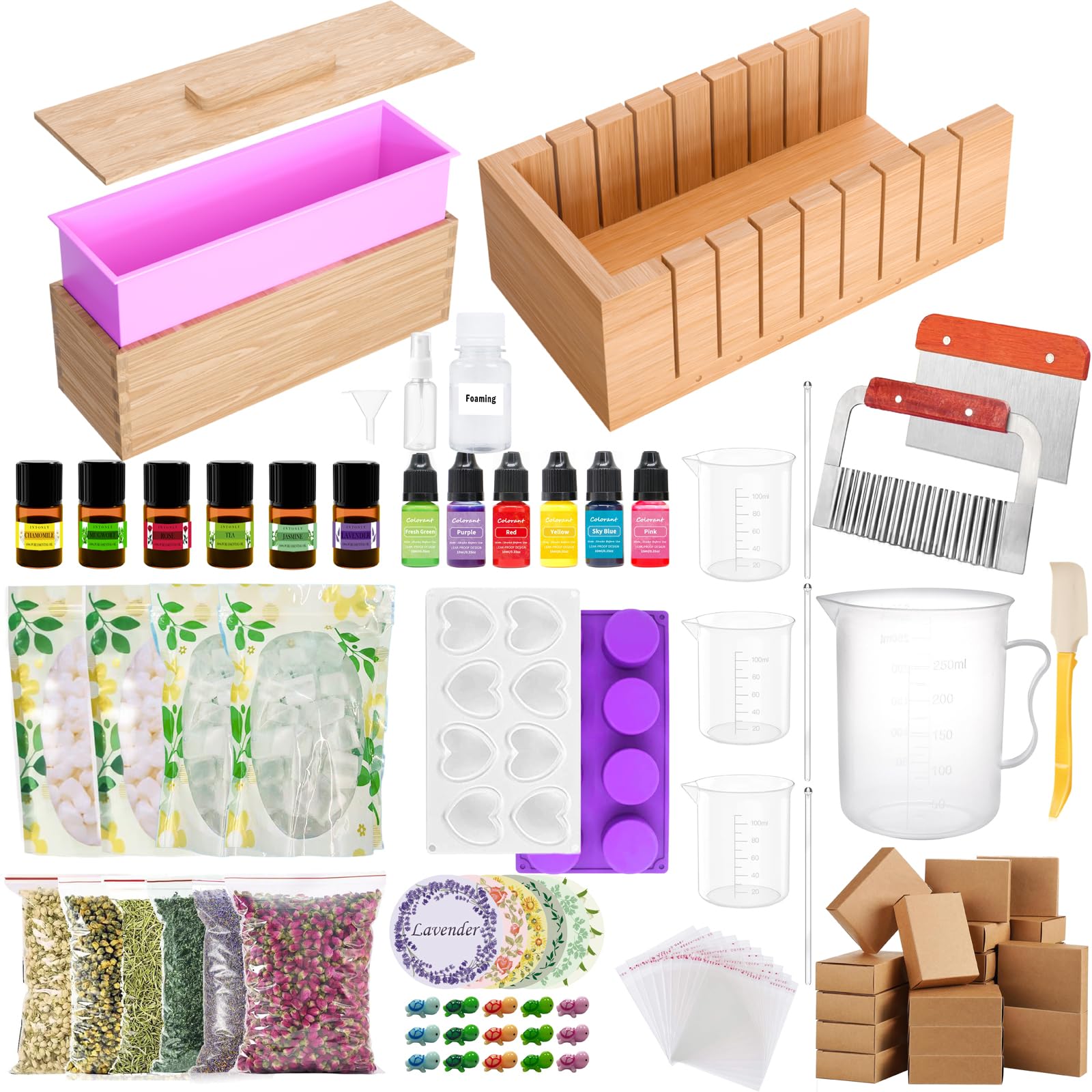 Kit de suministros para hacer jabón con base de jabón, cortadores de jabón de bambú, 2 moldes de jabón de silicona, barra de pan, rectangular, 6 fragancias y más, kit de manualidades casero para