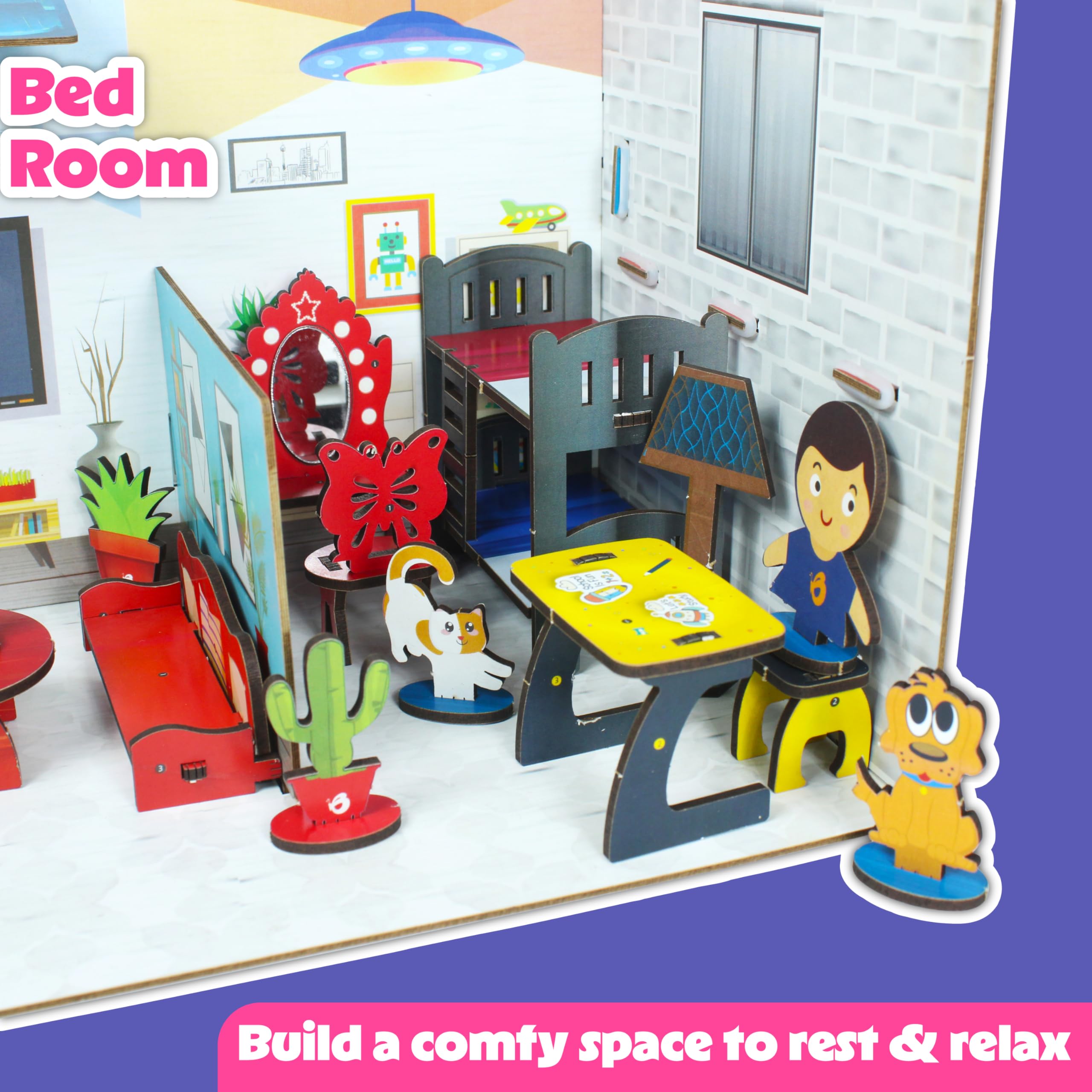 Butterfly Edufields Little Architect House para niños con 10 muebles en miniatura | Casa de muñecas eléctrica de madera para niños a partir de 5 años