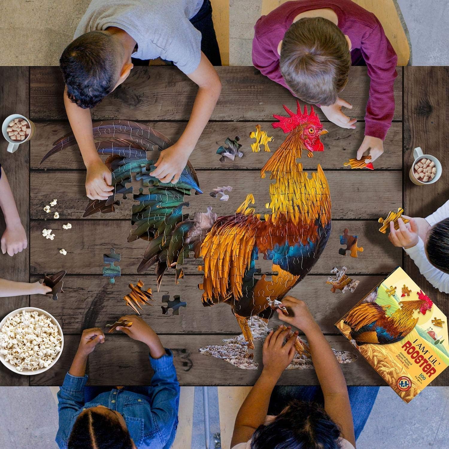 Madd Capp LiL' ROOSTER 100 Piece Jigsaw Puzzle For Ages 5+ - 4012 - Unique Animal-Shaped Border, Poster Size when completed, Oversized Puzzle Pieces For Easy Handling, Includes Educational Fun Facts
