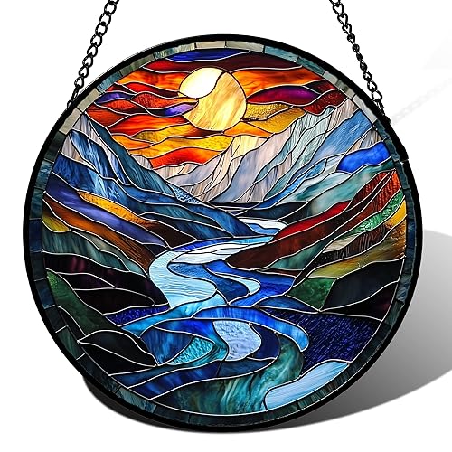 Stained Glass Window Hanging, Canyon Mountains Sunset View Sun Catcher