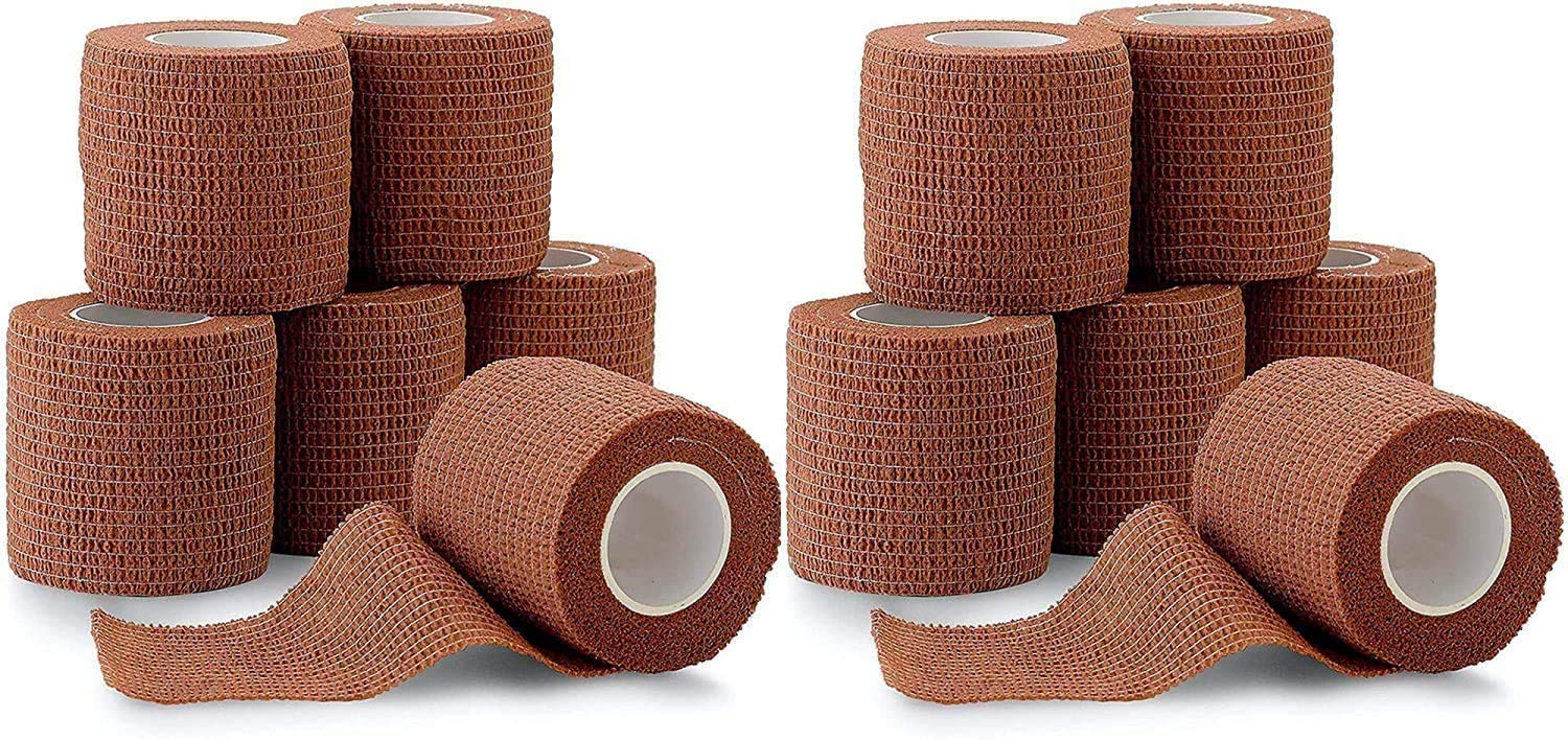 Self Adherent Cohesive Tape - 2" x 5 Yards, 12 Pack (Medium Tan) Self Adhesive Bandage Rolls & Sports Athletic Wrap for Ankle, Wrist, Knee Sprains and Swelling