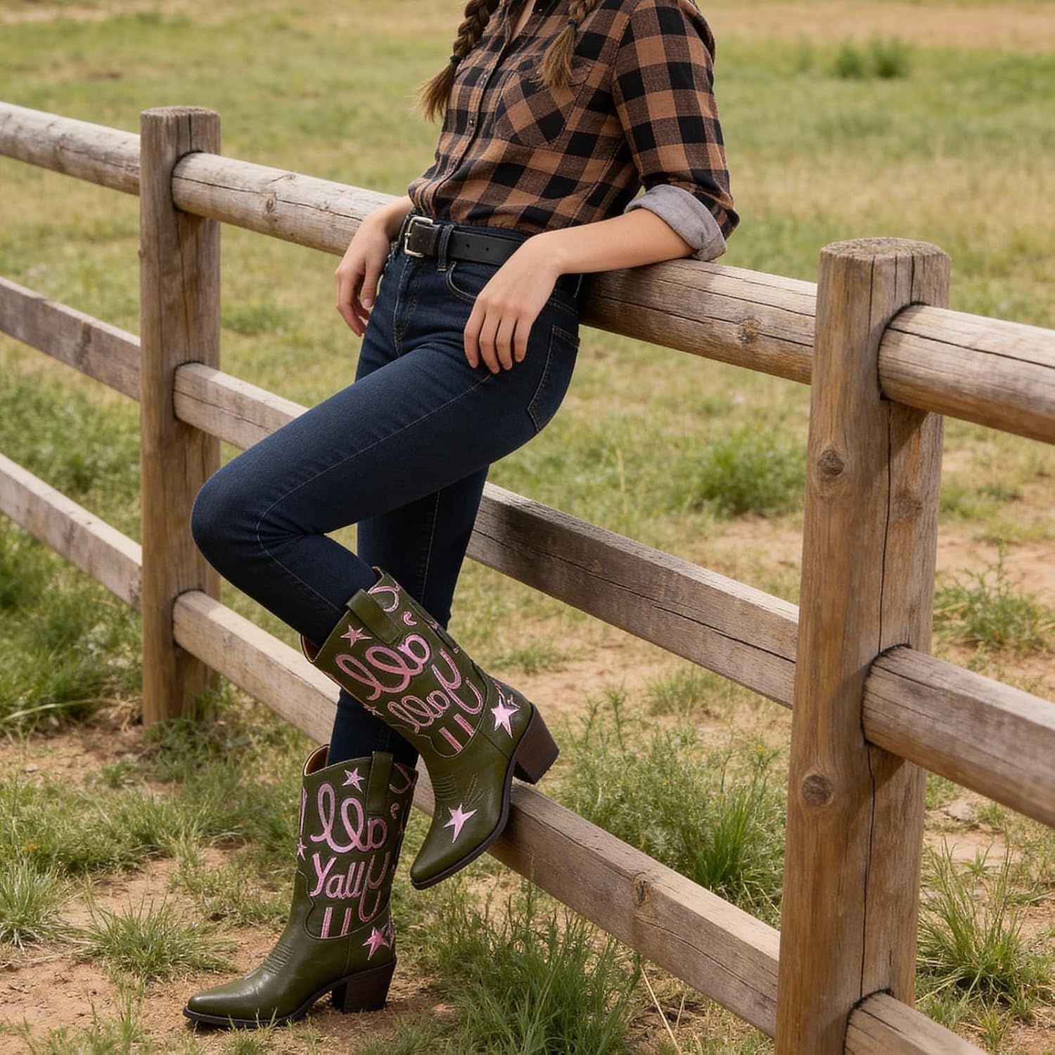 Western Cowboy Boots for Women Mid Calf Embroidered Metallic Cowgirl Boots Pointed Toe Chunky Block Heel Pull on Boots Concert Festival Casual